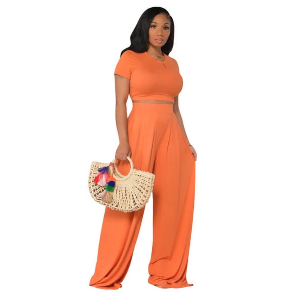 Orange Royal Solid Color Top & Leg Wide Trousers Two Piece Set